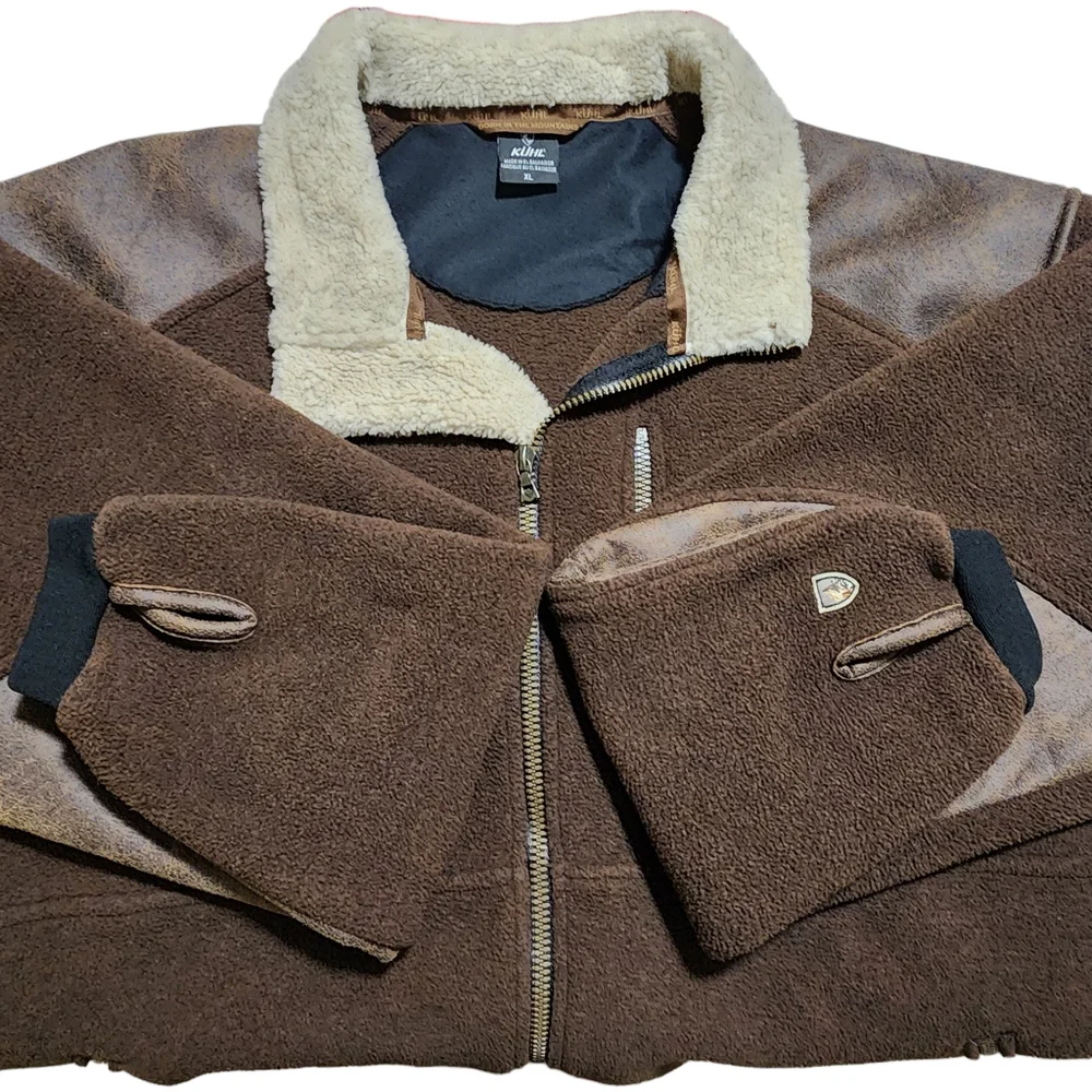 Kuhl Men's Alpenwurx Brown Full Zip Sherpa Collar Faux Leather Fleece Jacket XL - Picture 10 of 11
